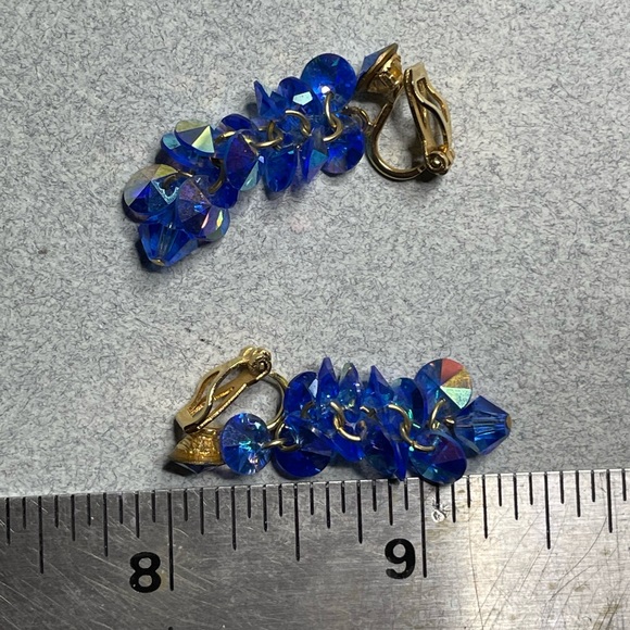 Blue Rivoli Cut Rhinestones Above Blue Dangling AB Discs Clip On Earrings 1968 - Picture 6 of 6